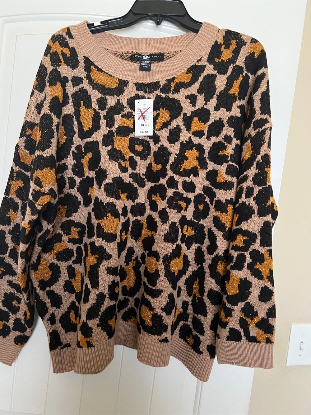 Ashley Stewart Taupe, Black & Gold Leopard Crewneck Sweater